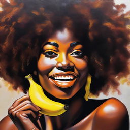 A polished, finished oil-based painting featuring a macro close-up of a beautiful black woman with an afro eating a banana sensually