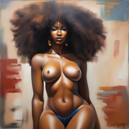 A polished, finished oil-based painting depicting a full-body view of a beautiful black woman with an afro