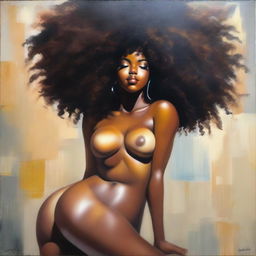 A polished, finished oil-based painting depicting a full-body view of a beautiful black woman with an afro