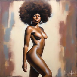 A polished, finished oil-based painting depicting a full-body view of a beautiful black woman with an afro