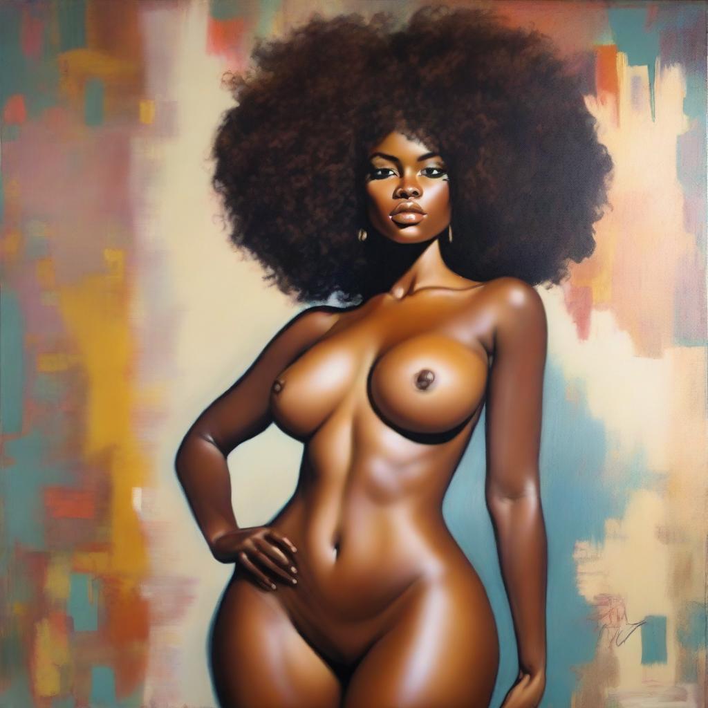 A polished, finished oil-based painting depicting a full-body view of a beautiful black woman with an afro