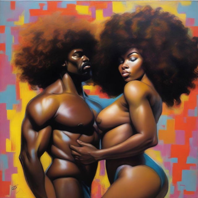 A polished, finished oil-based painting featuring a full-body view of a black woman with an afro, showcasing her beautiful, sexy thighs