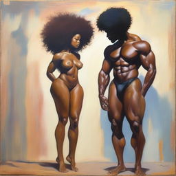 A polished, finished oil-based painting featuring a full-body view of a black woman with an afro, showcasing her beautiful, sexy thighs