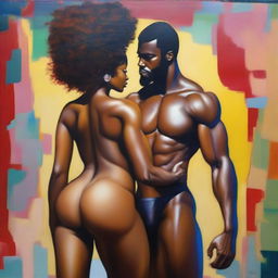 A polished, finished oil-based painting featuring a full-body view of a black woman with an afro, showcasing her beautiful, sexy thighs