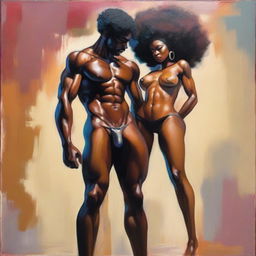 A polished, finished oil-based painting featuring a full-body view of a black woman with an afro, showcasing her beautiful, sexy thighs