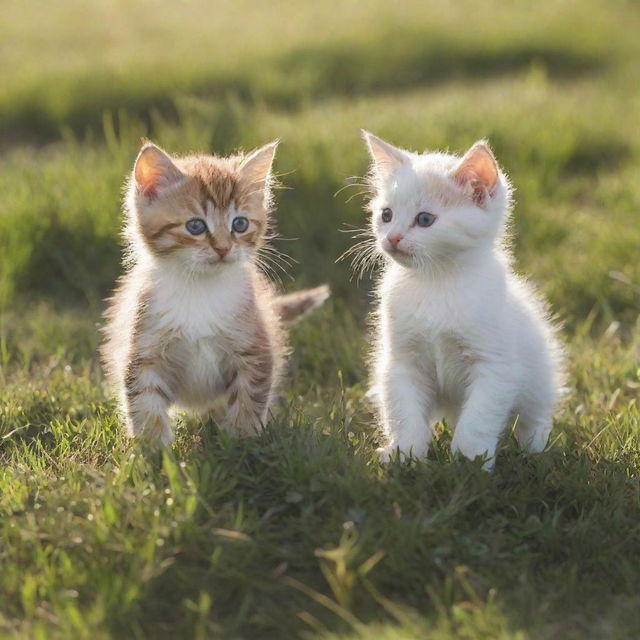 Playful kittens frolicking in a sun dappled grassy field