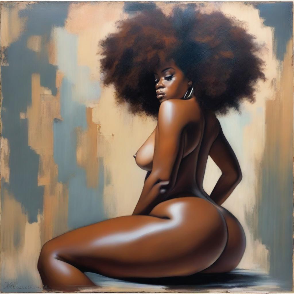 A polished, finished oil-based painting featuring a full-body view of a black woman with an afro, showcasing her beautiful, sexy thighs and big booty