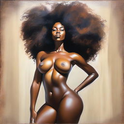 A polished, finished oil-based painting featuring a full-body view of a black woman with an afro, showcasing her beautiful, sexy thighs and big booty