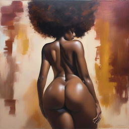 A polished, finished oil-based painting featuring a full-body view of a black woman with an afro, showcasing her beautiful, sexy thighs and big booty