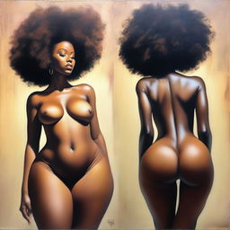 A polished, finished oil-based painting featuring a full-body view of a black woman with an afro, showcasing her beautiful, sexy thighs and big booty