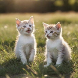 Playful kittens frolicking in a sun dappled grassy field