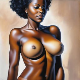 A polished, finished oil-based painting depicting an up-close view of the torso and breast region of a black woman