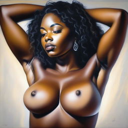 A polished, finished oil-based painting depicting an up-close view of the torso and breast region of a black woman