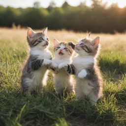 Playful kittens frolicking in a sun dappled grassy field