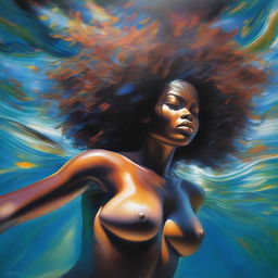 A polished, finished oil-based painting featuring an up-close body view of a sexy black woman with an afro, beautiful breasts, and thick thighs swimming underwater