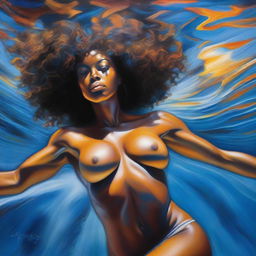 A polished, finished oil-based painting featuring an up-close body view of a sexy black woman with an afro, beautiful breasts, and thick thighs swimming underwater