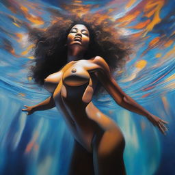 A polished, finished oil-based painting featuring an up-close body view of a sexy black woman with an afro, beautiful breasts, and thick thighs swimming underwater