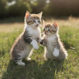 Playful kittens frolicking in a sun dappled grassy field