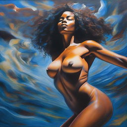 A polished, finished oil-based painting featuring an up-close body view of a sexy black woman with an afro, beautiful breasts, and thick thighs swimming underwater