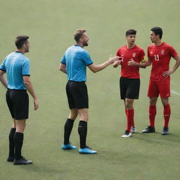 A dynamic and energetic scene of footballers arguing with referees on a pristine soccer field.