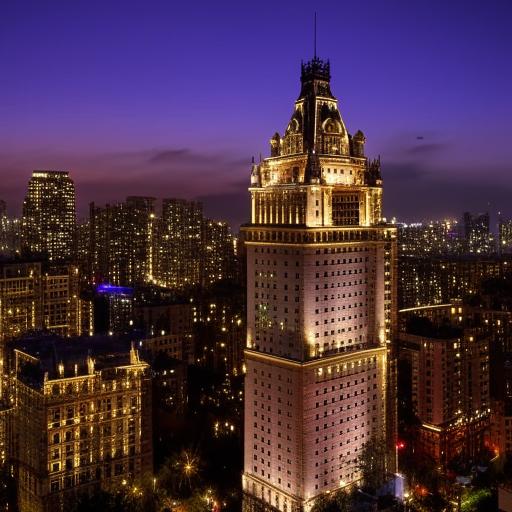 A grand, luxury hotel standing tall in a bustling cityscape during twilight.