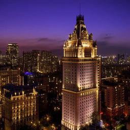 A grand, luxury hotel standing tall in a bustling cityscape during twilight.