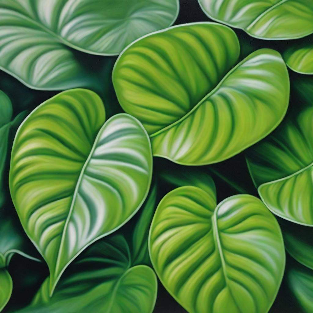 A polished, finished hyper-realistic oil-based painting depicting a background of lush leaves in a bright green hue