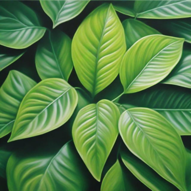 A polished, finished hyper-realistic oil-based painting depicting a background of lush leaves in a bright green hue