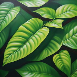 A polished, finished hyper-realistic oil-based painting depicting a background of lush leaves in a bright green hue