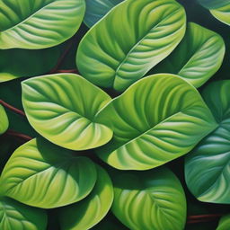 A polished, finished hyper-realistic oil-based painting depicting a background of lush leaves in a bright green hue