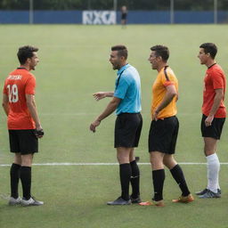 A dynamic and energetic scene of footballers arguing with referees on a pristine soccer field.