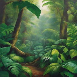 A polished, finished hyper-realistic oil-based painting depicting the bright green hues of a lush jungle