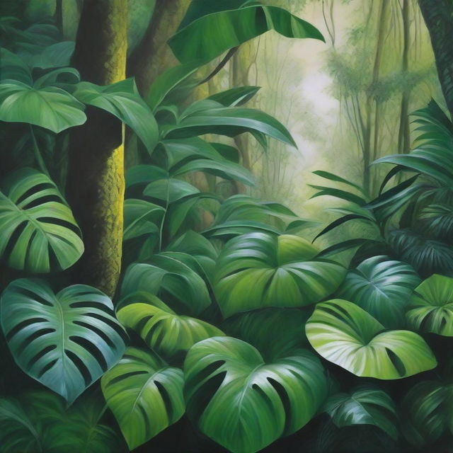 A polished, finished hyper-realistic oil-based painting depicting the bright green hues of a lush jungle