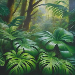 A polished, finished hyper-realistic oil-based painting depicting the bright green hues of a lush jungle