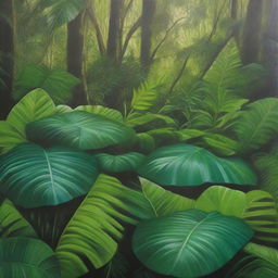 A polished, finished hyper-realistic oil-based painting depicting the bright green hues of a lush jungle