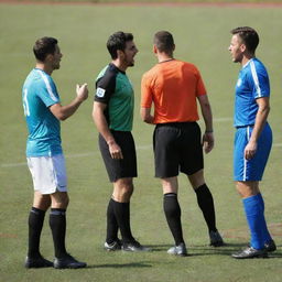 A dynamic and energetic scene of footballers arguing with referees on a pristine soccer field.