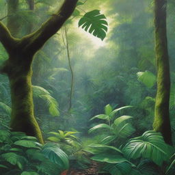 A hyper-realistic oil-based painting depicting a lush green jungle with bright, vibrant green hues