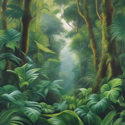 A hyper-realistic oil-based painting depicting a lush green jungle with bright, vibrant green hues