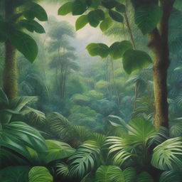 A hyper-realistic oil-based painting depicting a lush green jungle with bright, vibrant green hues