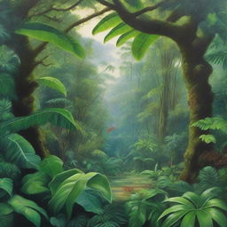 A hyper-realistic oil-based painting depicting a lush green jungle with bright, vibrant green hues