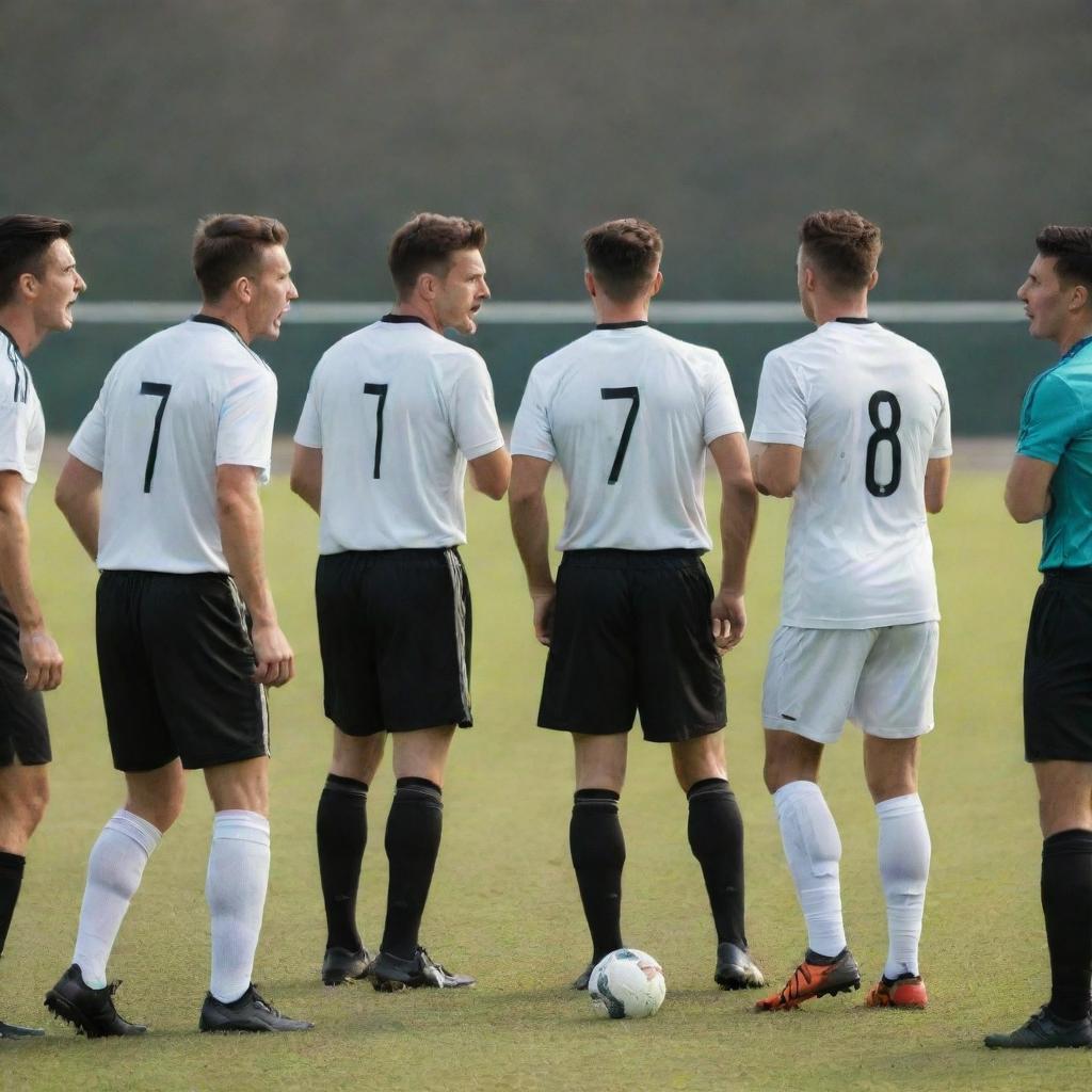 A dynamic and energetic scene of footballers arguing with referees on a pristine soccer field.