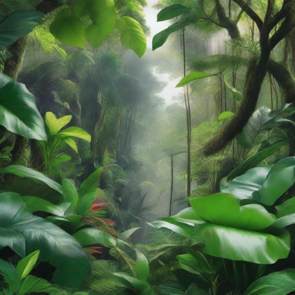 A hyper-realistic artwork depicting the bright, vibrant green hues of a lush jungle