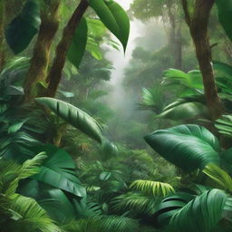 A hyper-realistic artwork depicting the bright, vibrant green hues of a lush jungle