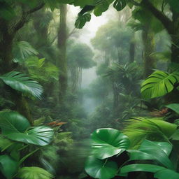 A hyper-realistic artwork depicting the bright, vibrant green hues of a lush jungle