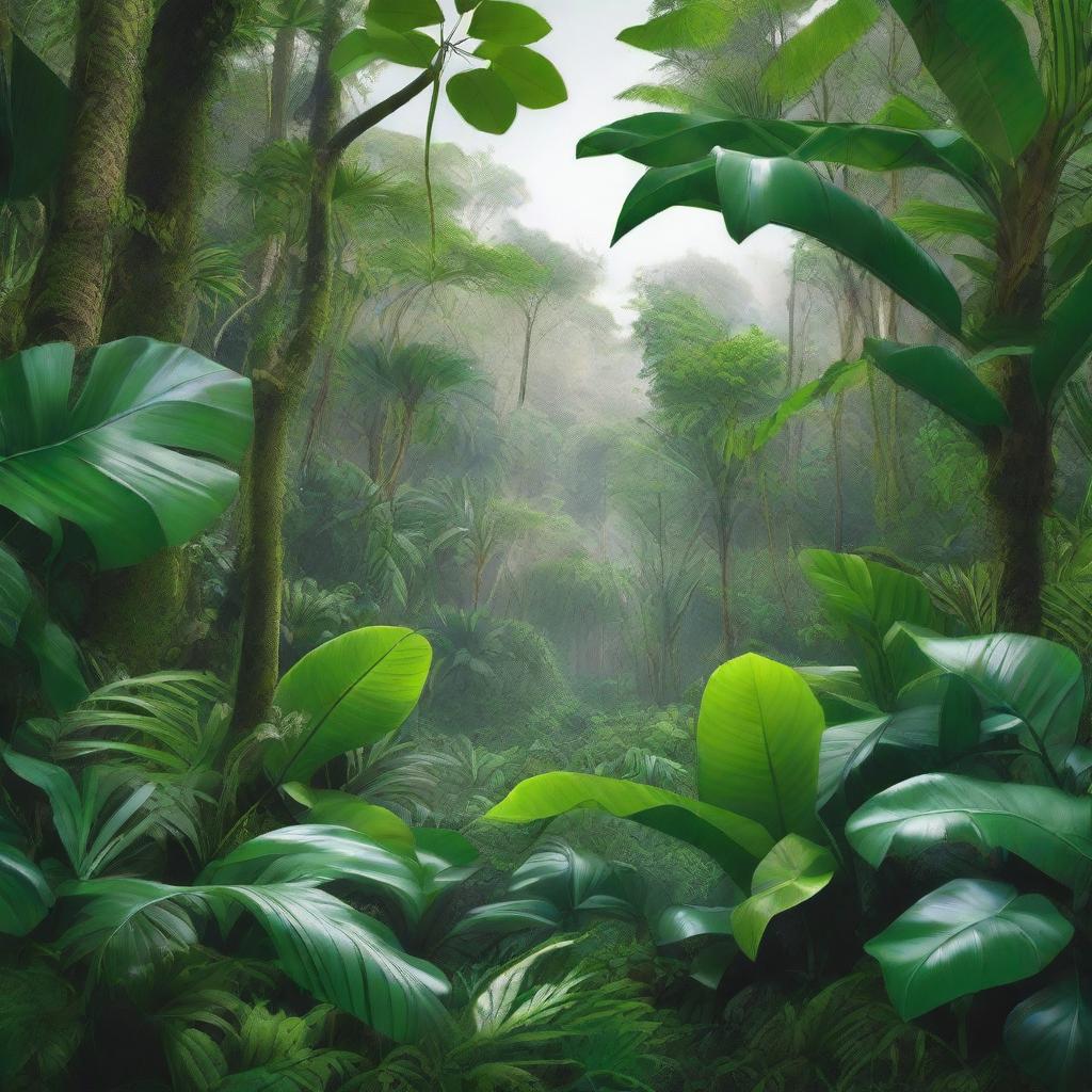 A hyper-realistic artwork depicting the bright, vibrant green hues of a lush jungle