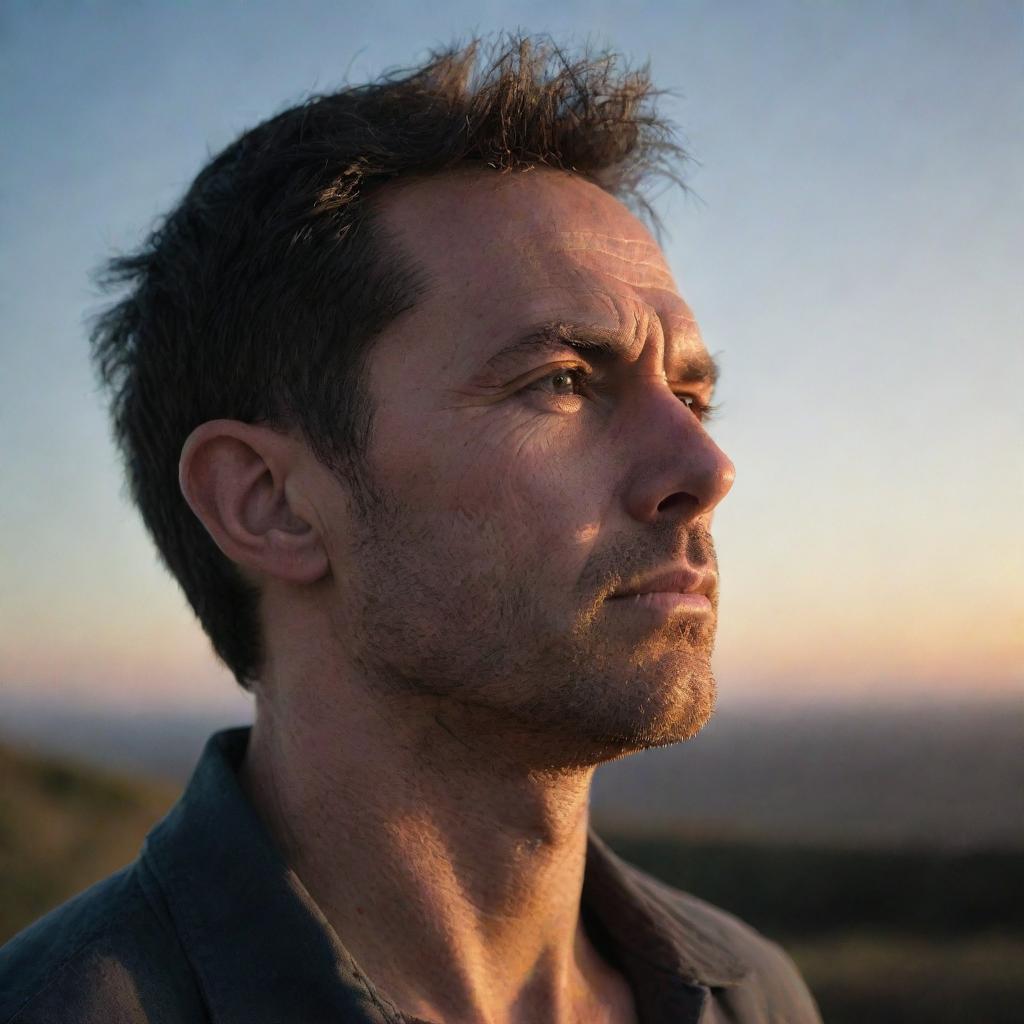 A detailed portrait of a man looking towards the horizon with determination. He is surrounded by a moody, setting sun backdrop.