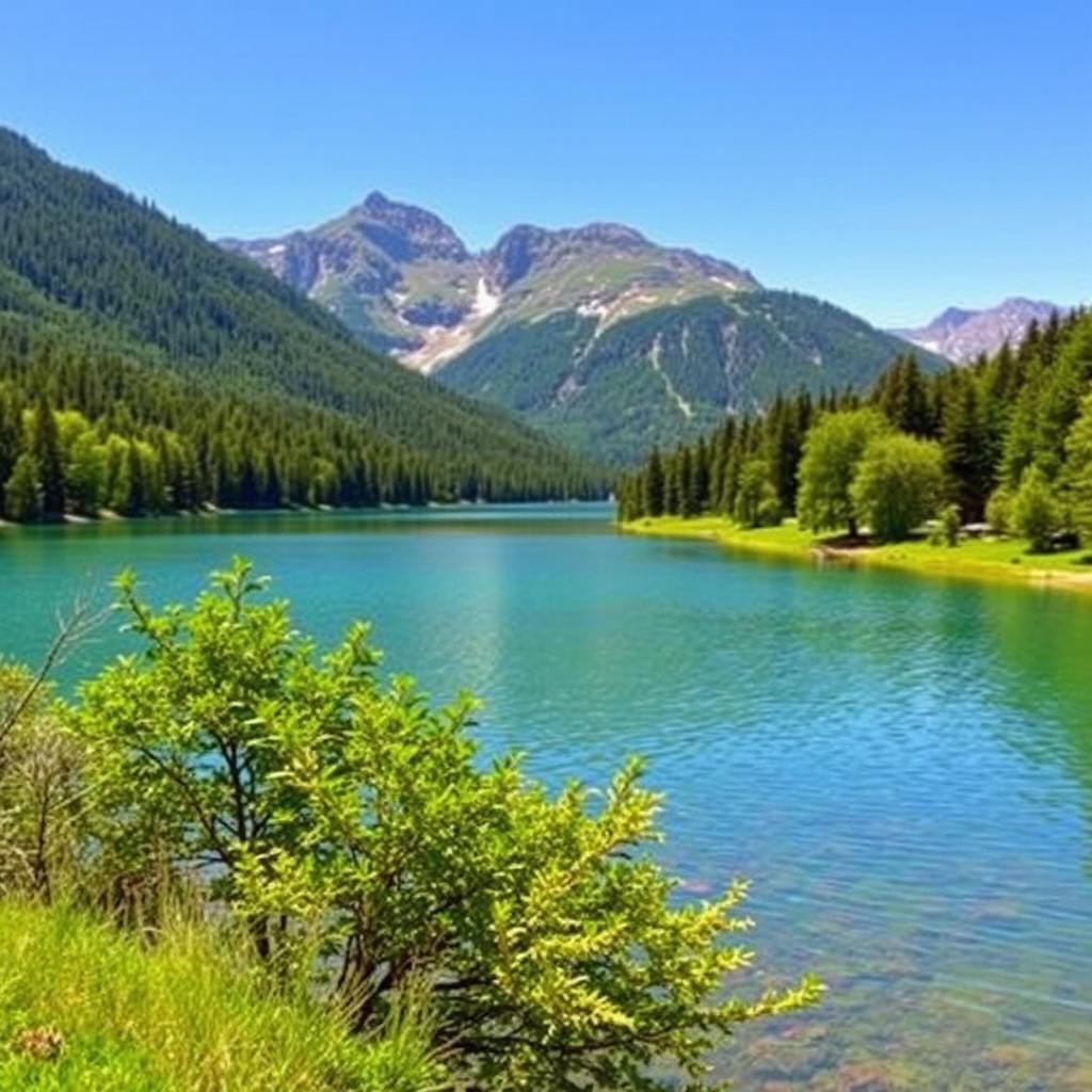 A beautiful landscape featuring a serene lake surrounded by lush green trees and mountains in the background under a clear blue sky