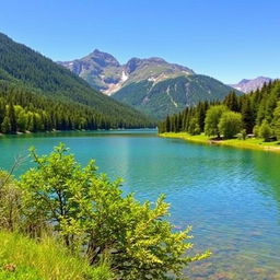 A beautiful landscape featuring a serene lake surrounded by lush green trees and mountains in the background under a clear blue sky