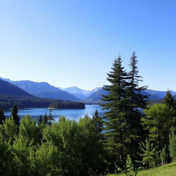 A beautiful landscape featuring a serene lake surrounded by lush green trees and mountains in the background under a clear blue sky