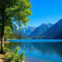 A beautiful landscape featuring a serene lake surrounded by lush green trees and mountains in the background under a clear blue sky